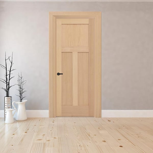 30 in. x 80 in. 3-Panel Mission Right-Hand Unfinished Red Oak Wood Single Prehung Interior Door with Nickel Hinges