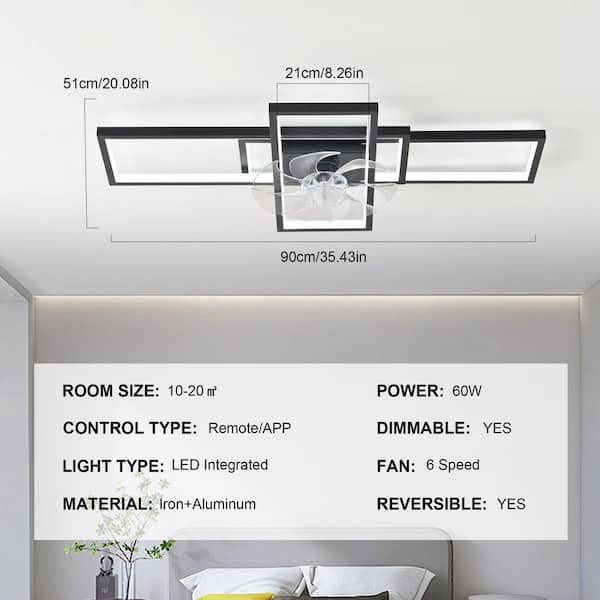 35.43 in. Indoor Black Low Profile Bladeless Ceiling Fan with Dimmable Integrated LED and Remote and APP Included