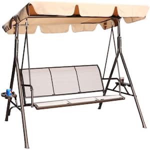 3-Person Beige Metal Patio Swing Seat with Adjustable Canopy for Patio