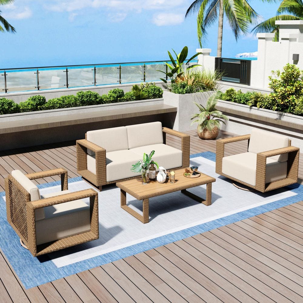 Brown Rattan Wicker 4 Seat 5-Piece Steel Outdoor Patio Conversation Set with Beige Cushions,Swivel Chairs,Coffee Table