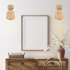 Alora Boho 1-Light 60-Watt Adjustable Swivel Swing Arm Wall Sconce with Beige Rattan Shade and Brass Hardware