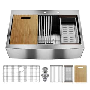 33 in. Workstation Farmhouse 18-Gauge Stainless Steel Single Bowl Kitchen Sink with Colander, Cutting Board, Strainer