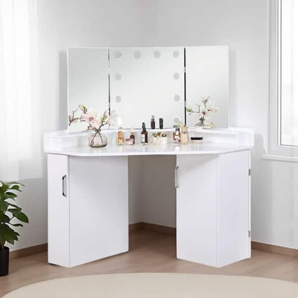 Laura White Makeup Vanity Set with 2 Drawers, 3 Panel Mirror and 10 Light Bulbs