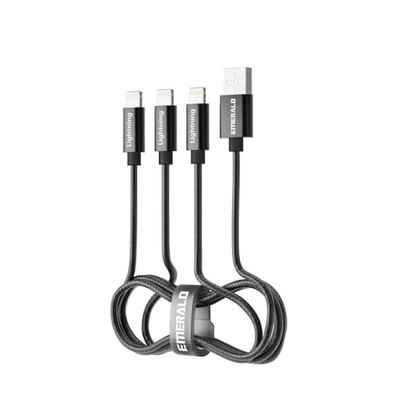 6 Ft 3-in-1 Braided Lightning Charging Cable Black