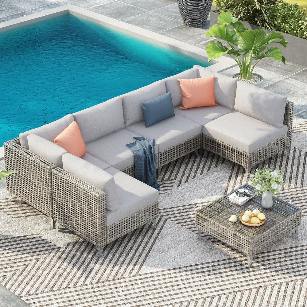 Gray Wicker 7-Piece, 6-Seat Modern Outdoor Patio Sectional Sofa Set with Wa