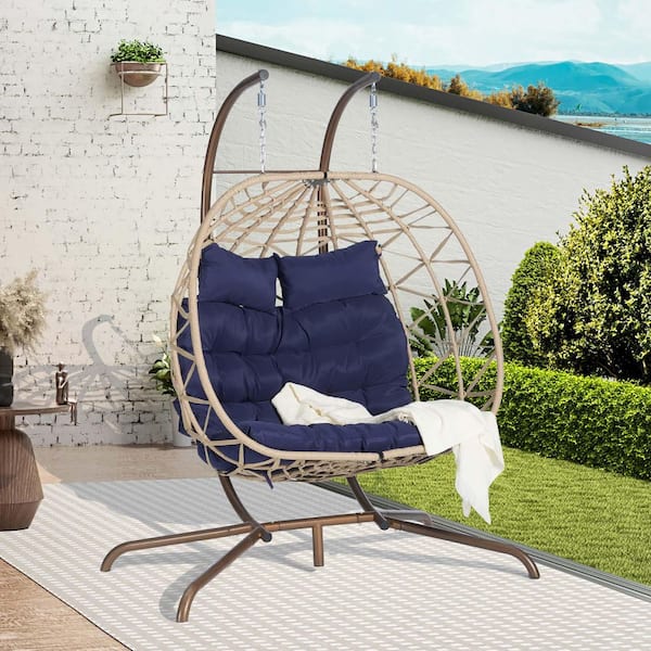 Unbranded Oversized 2-Person Indoor Outdoor Metal Patio Porch Swing Chair Hanging Egg Chair with Brown Stand and Blue Cushions