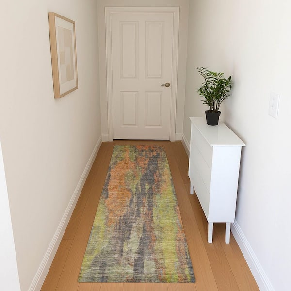 Mayfield Premium Machine Washable Abstract AMF1648 Orange 2 ft. 3 in. x 7 ft. 6 in. Runner Rug