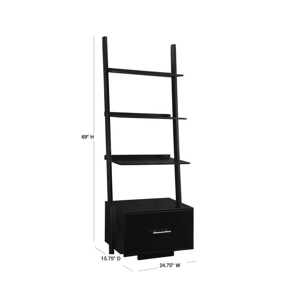 Heritage Black Wood Ladder Bookcase with File Drawer