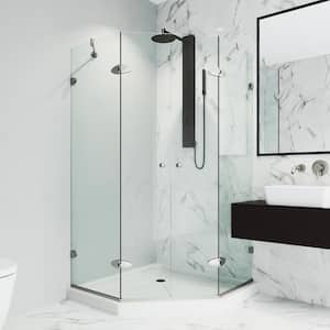 Gemini 47 in. L x 47 in. W x 77 in. H Frameless Pivot Neo-angle Shower Enclosure Kit in Brushed Nickel with Clear Glass