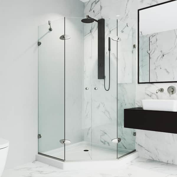 VIGO Gemini 47 in. L x 47 in. W x 77 in. H Frameless Pivot Neo-angle Shower Enclosure Kit in Brushed Nickel with Clear Glass