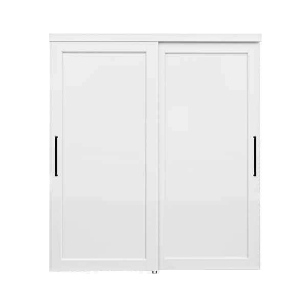72 in. x 80 in. Paneled 1-Lite Blank Pattern White Primed MDF Sliding Door with Hardware and Black Handles