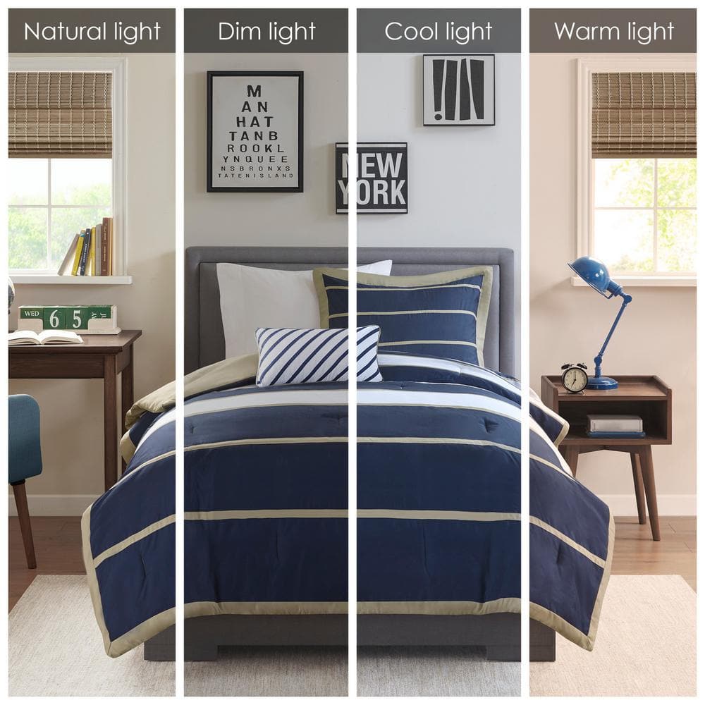 Navy and Khaki Twin Microfiber Comforter Set with Decorative Pillow