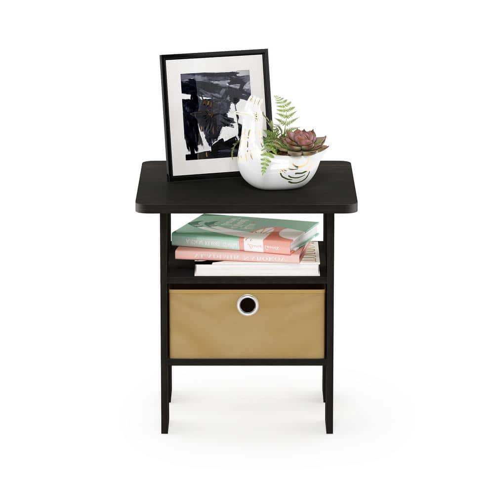 Dark Espresso Wood End Table with Fabric Drawer