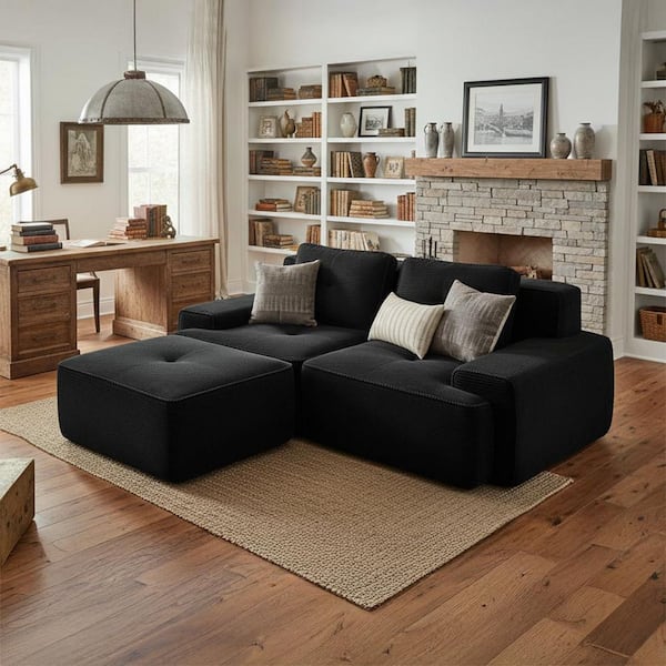 TITK 82 in. Track Arm 2-Piece Corduroy Modular Sectional Sofa with 1 Ottoman and Tufted Cushions in. Onyx Black