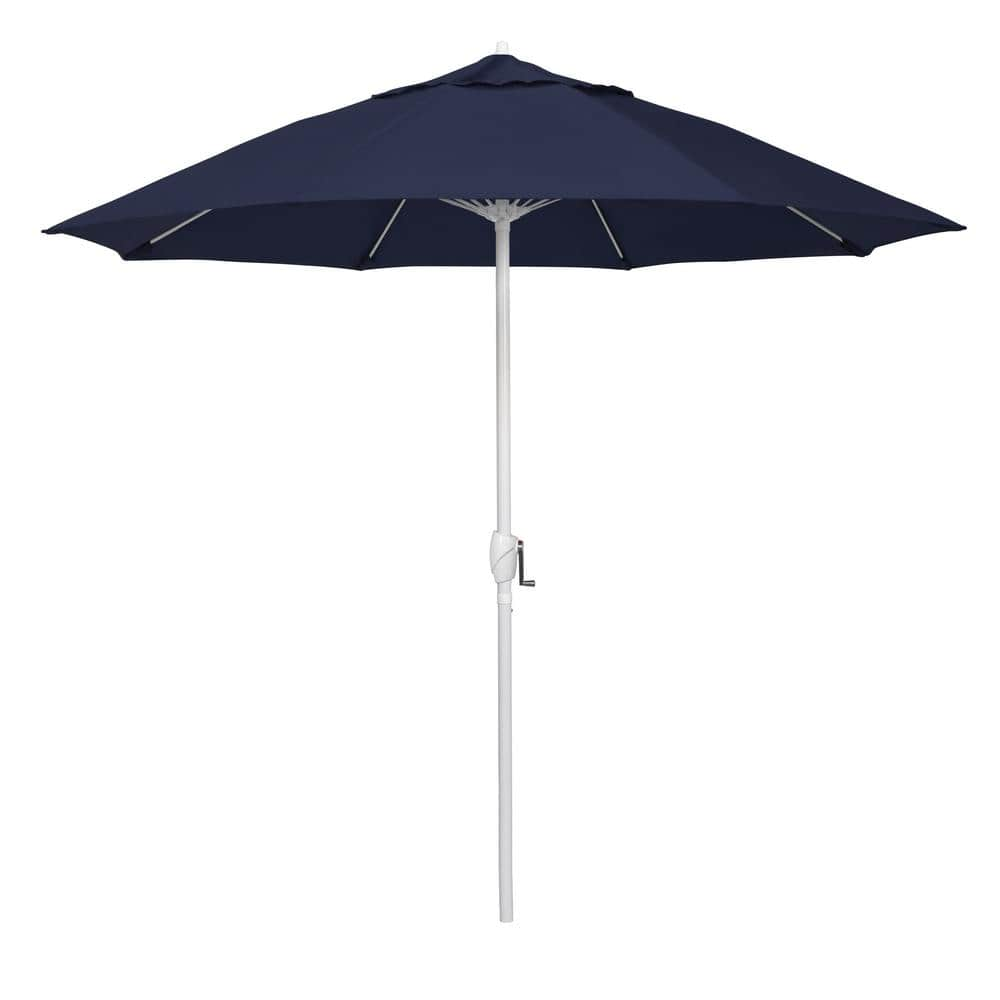 California Umbrella 9 ft. Matted White Aluminum Market Patio Umbrella Fiberglass Ribs and Auto Tilt in Navy Blue Pacifica