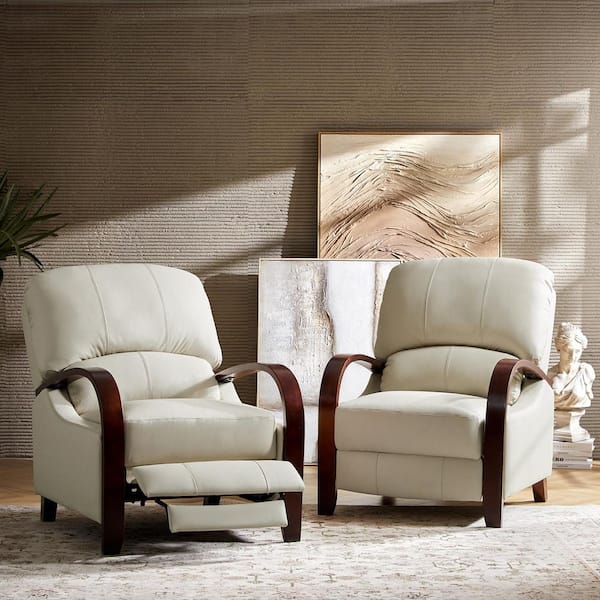 Ernesto Beige Genuine Leather with The Wooden Armrest Recliner (Set of 2)