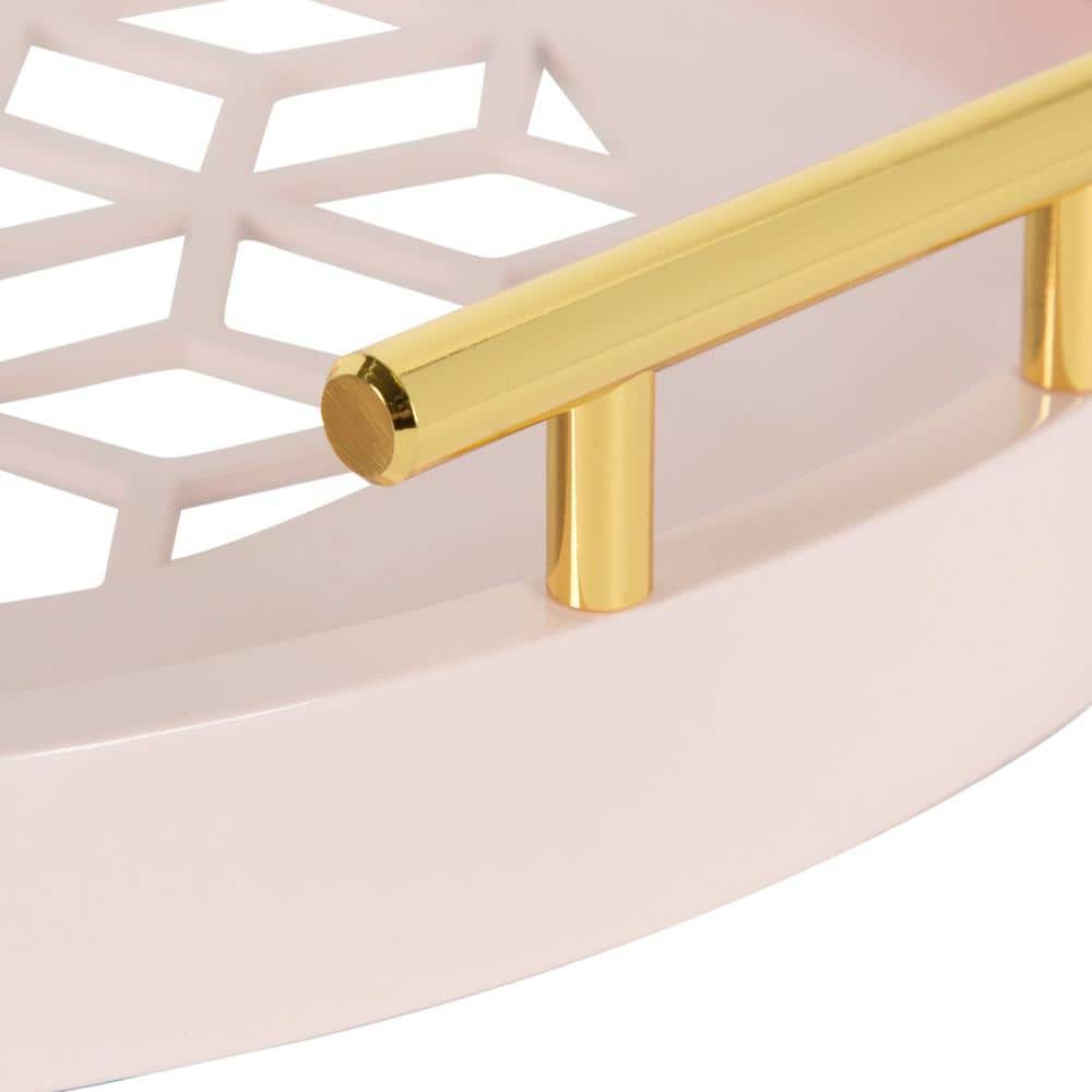 Round Pink Glass Serving Tray with Gold Handles