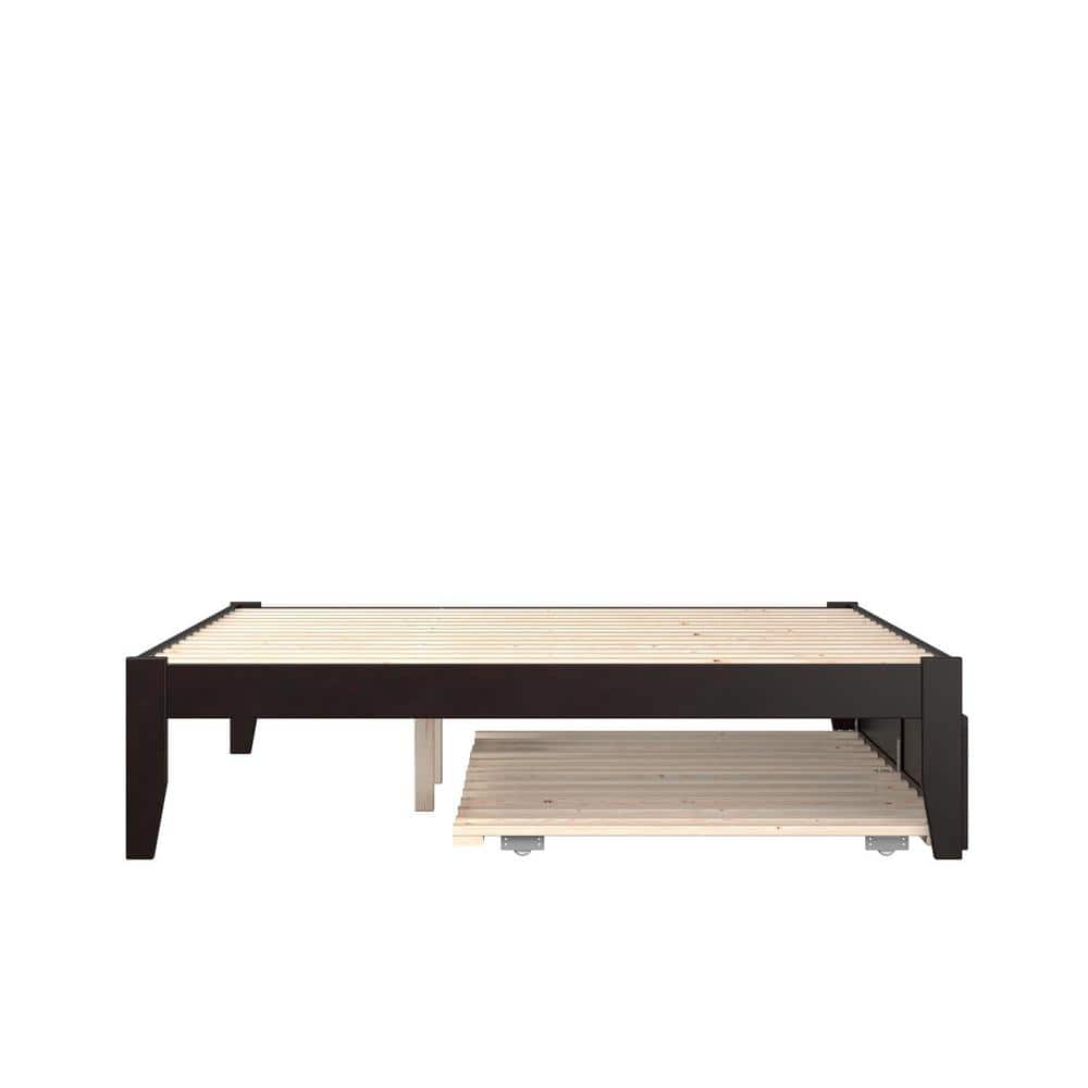 Espresso Queen Platform Bed with Upholstered Trundle and USB Charger