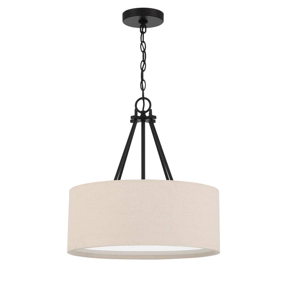 Duke Flat Black 3-Light Pendant with Beige Linen Drum Shade