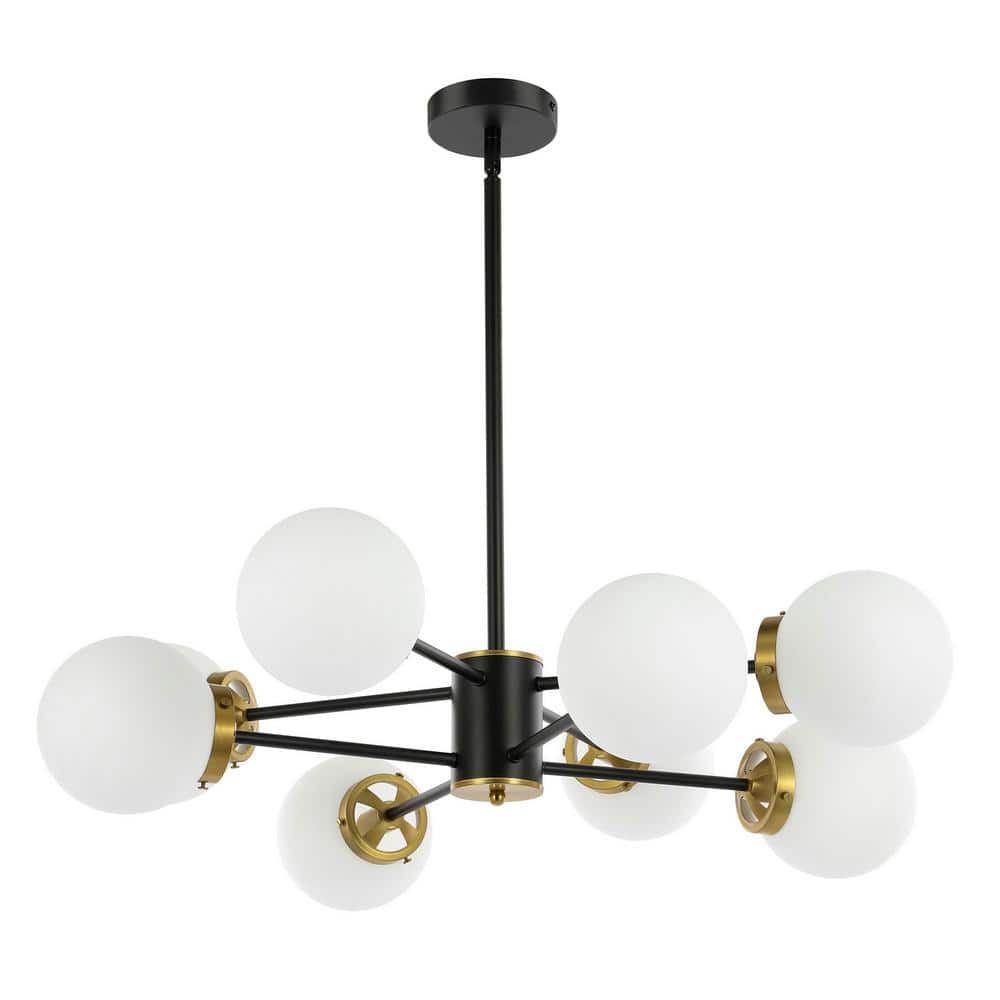Black 8-Light Sputnik Chandelier with Opal Glass Shades