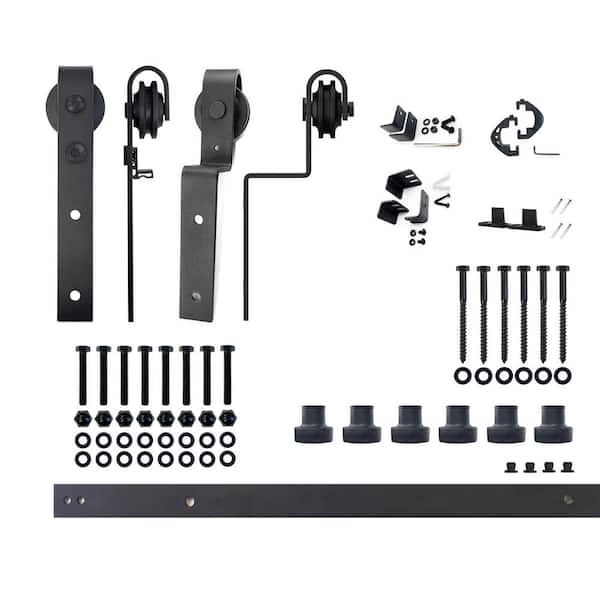 HOMACER 8 ft./96 in. Black Rustic Single Track Bypass Sliding Barn Door Track and Hardware Kit for Double Doors