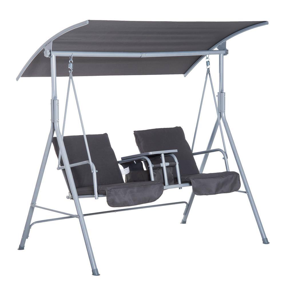 Gray Metal 2-Person Outdoor Swing with Canopy and Cushions