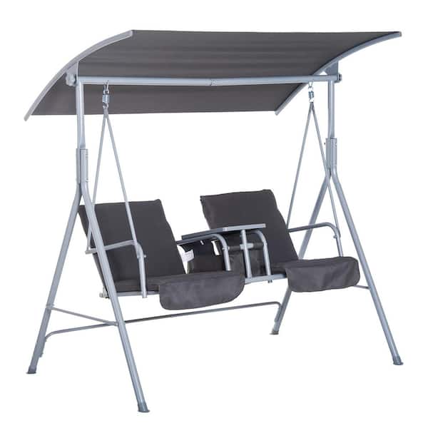 Outsunny 2-Person Water-Resistant Covered Metal Patio Swing with Center Pivot Table and Underneath Storage Console, Grey