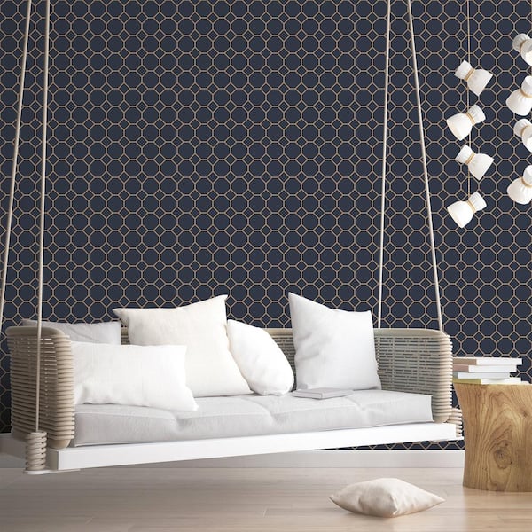 Bee Hive Design Navy/Gold Matte Finish Vinyl on Non-Woven Non-Pasted Wallpaper Roll