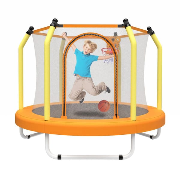 Kelmor 55 in. Indoor & Outdoor Recreational Trampoline for Kids with Safety Enclosure Net and Basketball Hoop, Yellow