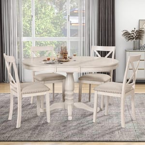 5-Piece Antique White Round or Oval Extendable Wooden Dining Table Set with 4 Fabric Chairs