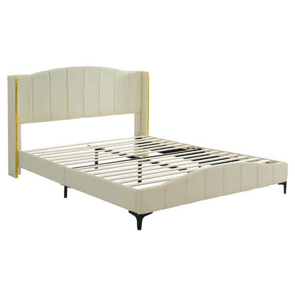 Polibi Beige Wood Frame Queen Size PU Leather Upholstered Platform Bed with Wingback Headboard and Metal Bar Accents