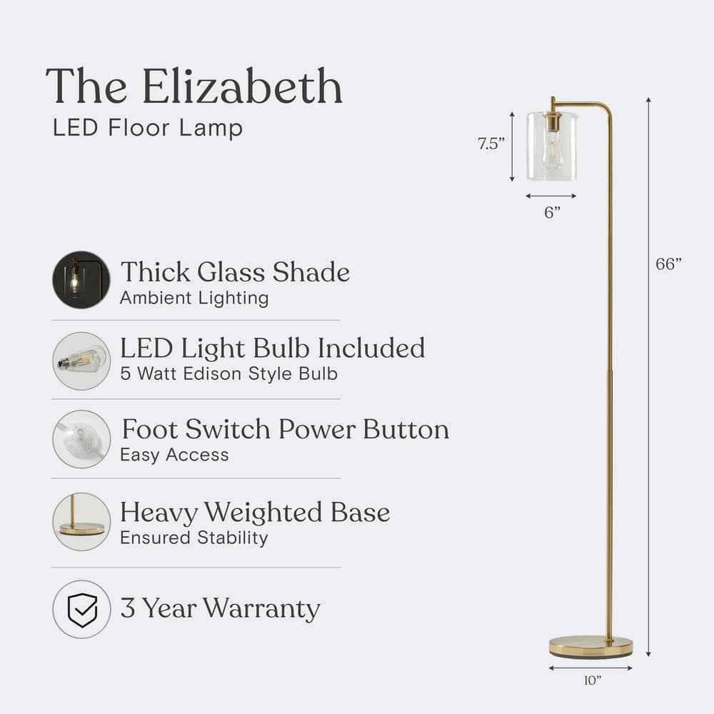 Elizabeth Brass Industrial LED Floor Lamp with Edison Bulb and Smart Compatibility