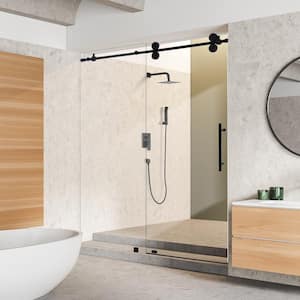 Lazaro 56 in. W x 78 in. H Sliding Frameless Shower Door in Matte Black Finish with Clear Glass
