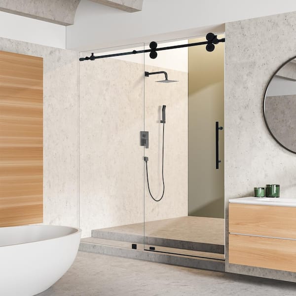 Altair Lazaro 56 in. W x 78 in. H Sliding Frameless Shower Door in Matte Black Finish with Clear Glass