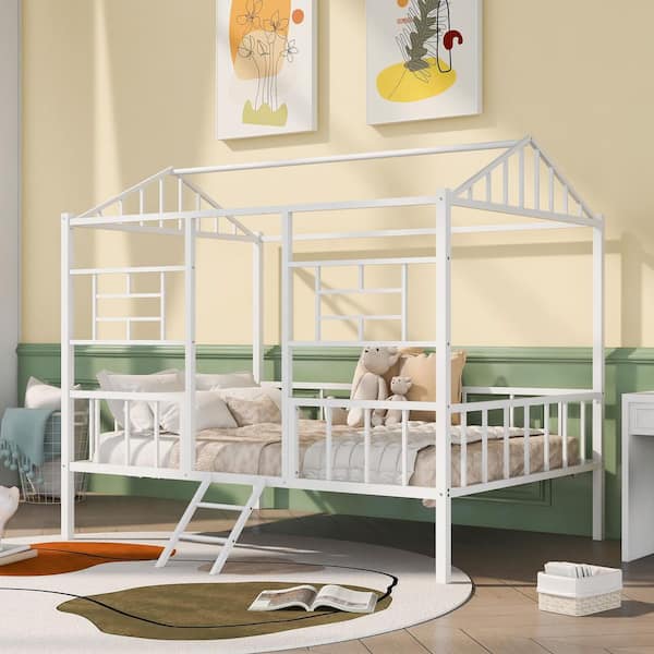 Qualler White Full Size Metal House Bed