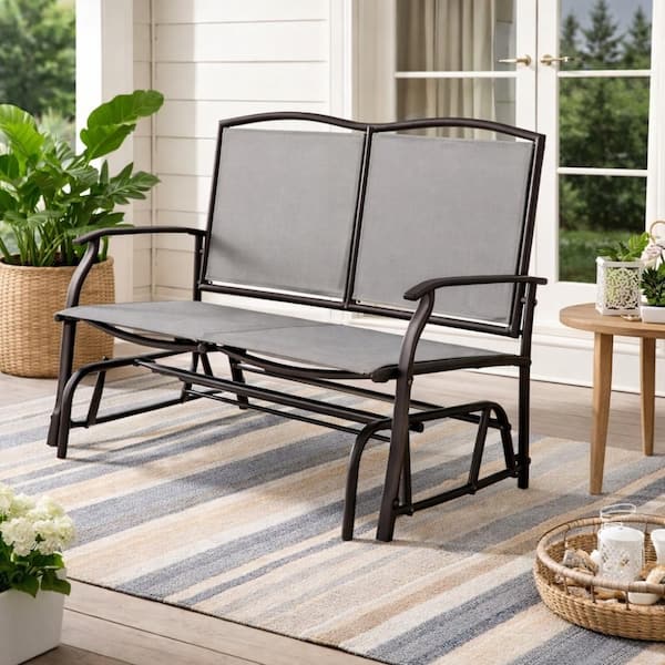 Kaycey 2-Person Outdoor Patio mixed Tan Mesh Glider Loveseat with Brown Powder-Coated Steel Frame