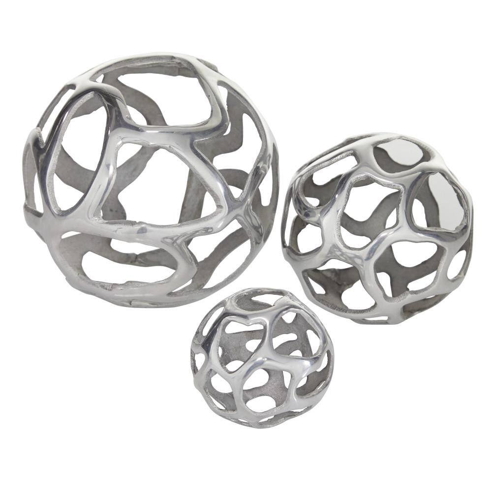 Set of 3 Polished Silver Metal Decorative Orbs