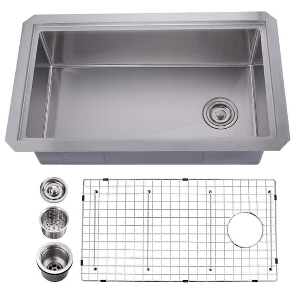 32 in. Drop-in/Undermount Single Bowl 18 Gauge Gunmetal Stainless Steel Kitchen Sink with Bottom Grids in Brushed Nickel