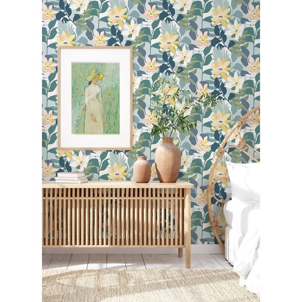 Turquoise Floral Non-Woven Removable Wallpaper Roll