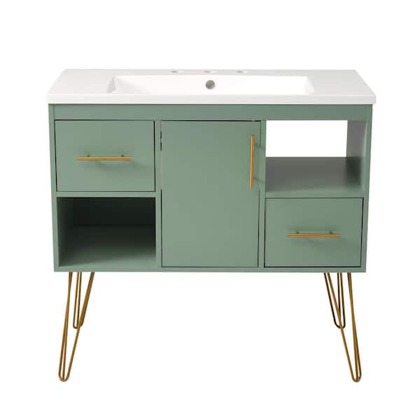 JimsMaison 36 in. W x 18 in. D x 34 in. H Freestanding Bath Vanity Set in Green with White Resin Top