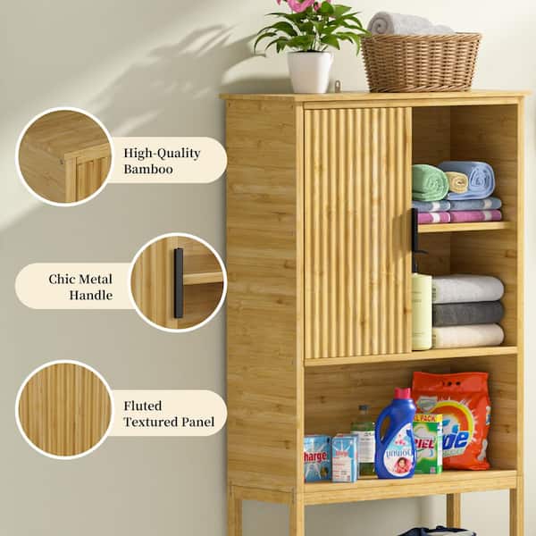 24.4 in. W x 66.9 in. H x 9.5 in. D Yellow Bamboo Bathroom Over-the-Toilet Storage Rectangular Shelf with Sliding Door