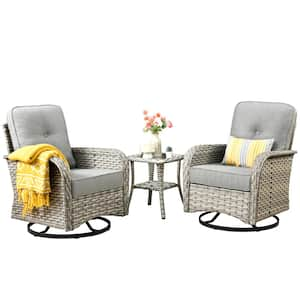 Charlotte 3-Piece Wicker Outdoor Rocking Chair with Dark Gray Cushions