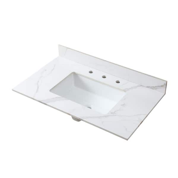 37 in. W x 22 in. D Sintered Stone White Rectangular Single Sink Bathroom Vanity Top in White