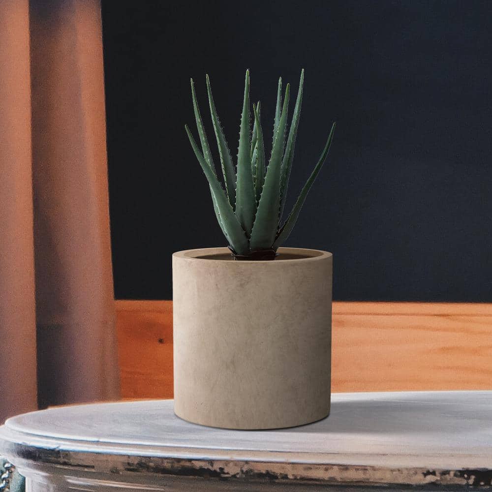 12.9" Beige Lightweight Concrete Cylindrical Planter with Drainage Hole