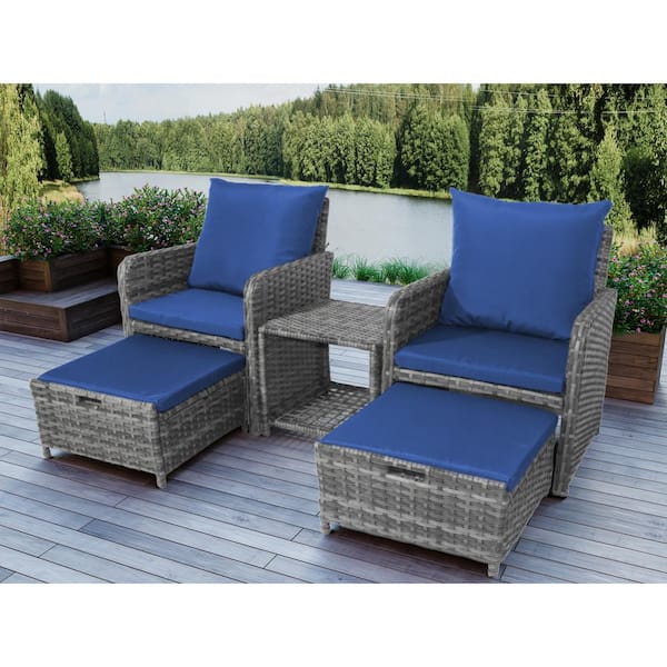 Uixe 5 Pieces Wicker Patio Furniture Lounge Chairs with Ottomans Conversation with Coffee Table Blue Cushion and Grey Rattan