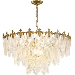 12-Light Brass Modern Crystal Chandelier, 3-Tier Leaf Glass Lampshade Pendant Light for Living Room, Bulbs Included