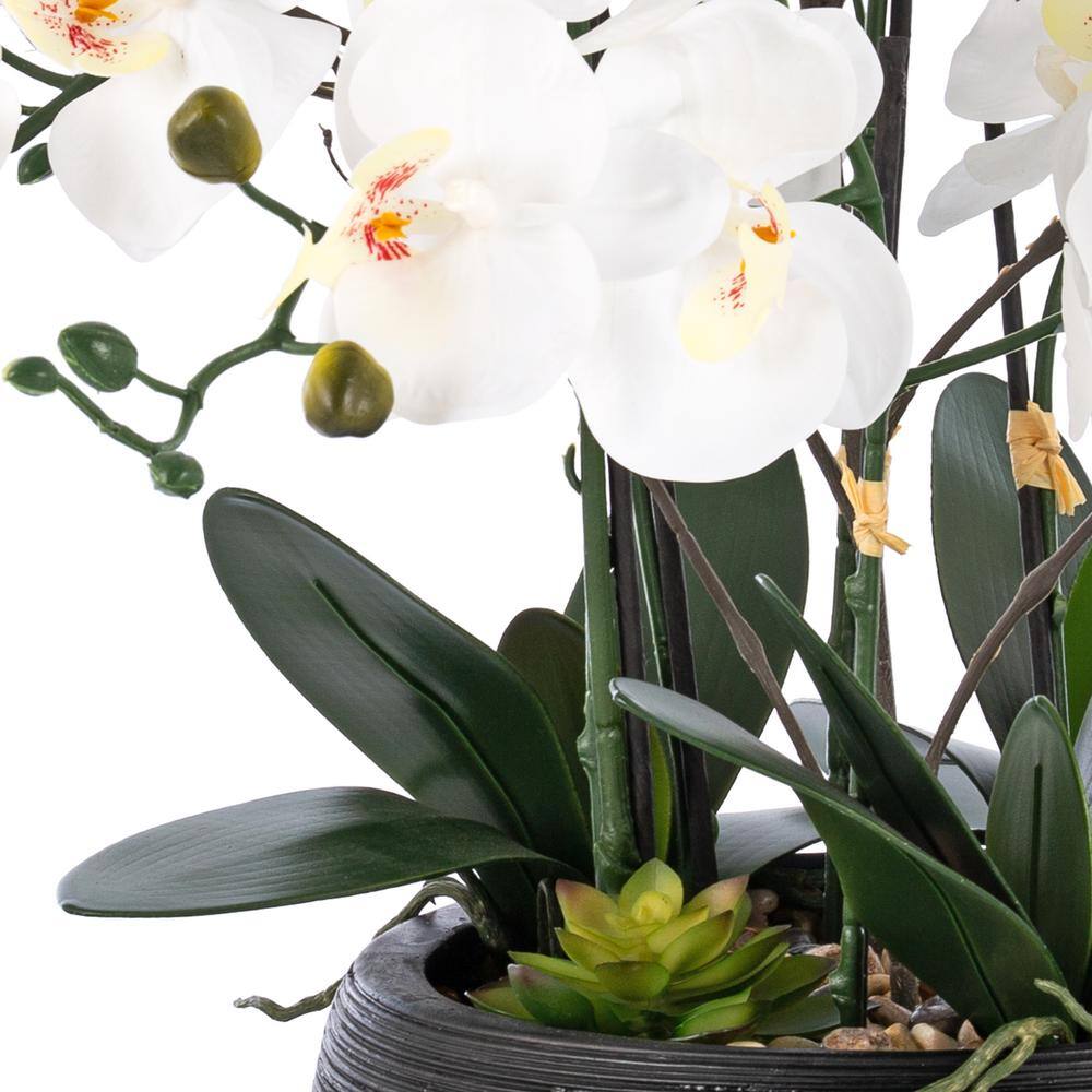 Large White and Green Plastic Orchid Arrangement in Black Pot