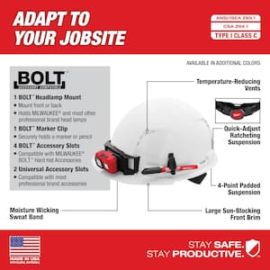 BOLT White Type 1 Class C Front Brim Vented Hard Hat with 4 Point Ratcheting Suspension and BOLT Hard Hat Chin Strap