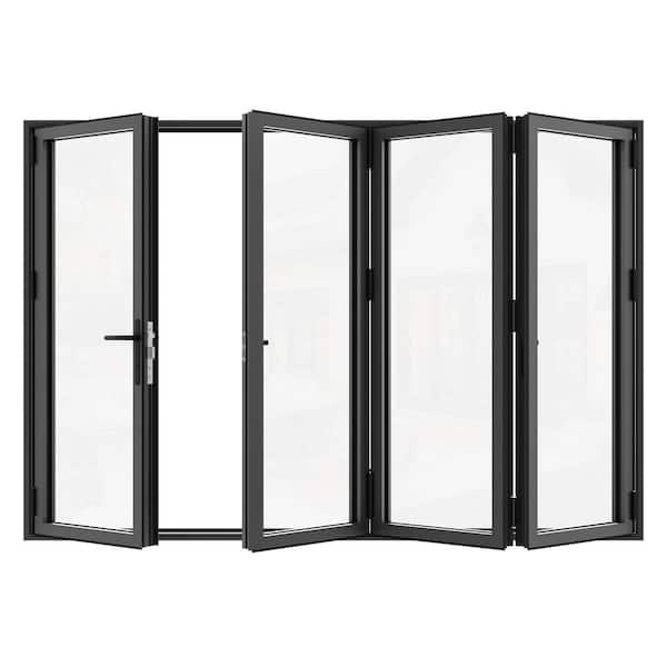 120 in. x 80 in. Right Swing/Outswing Double Tempered Glass Black Aluminum Folding Patio Door (3-Folding Plus 1-Swing)