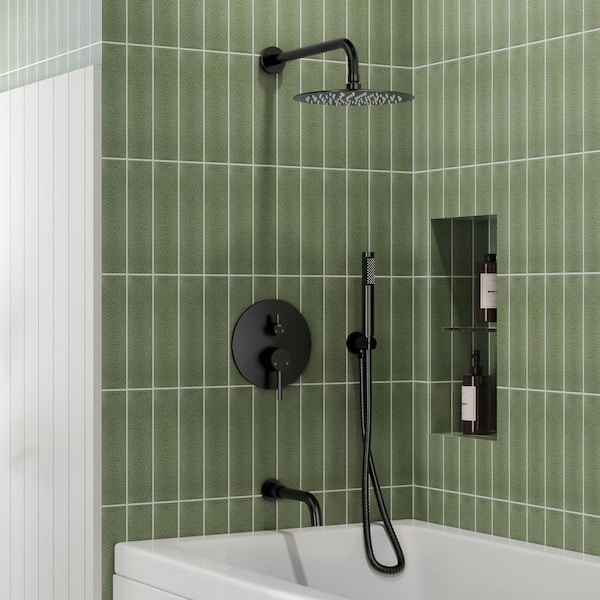 EVERSTEIN Double-Handle 3-Spray Rain Round 10 in. Wall Mount Tub and Shower Faucet in Matte Black 1.8/2.5 GPM